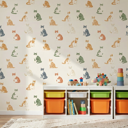 Cream Multicolor Cat Pattern Wallpaper