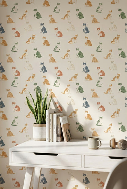 Cream Multicolor Cat Pattern Wallpaper