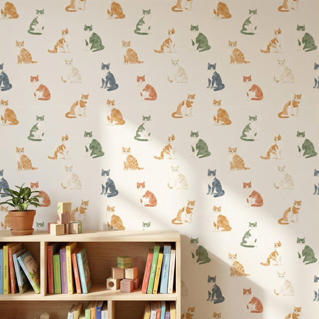 Cream Multicolor Cat Pattern Wallpaper