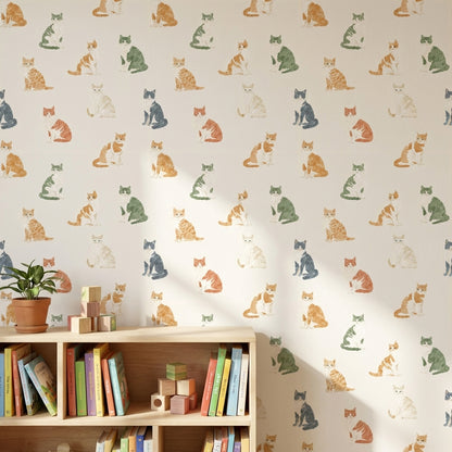 Cream Multicolor Cat Pattern Wallpaper