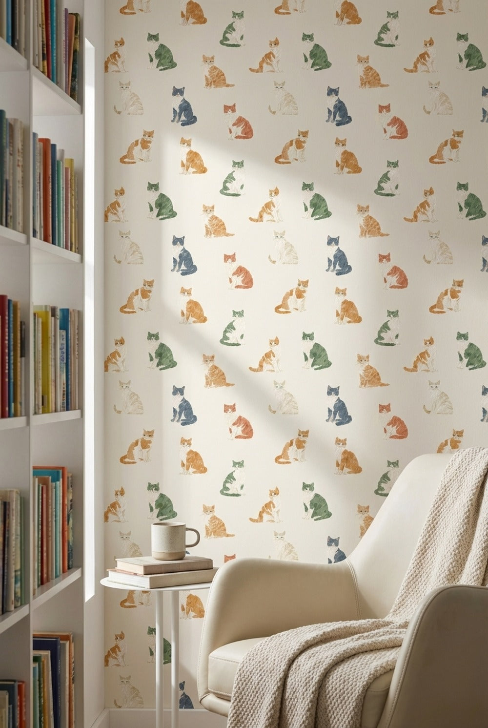 Cream Multicolor Cat Pattern Wallpaper
