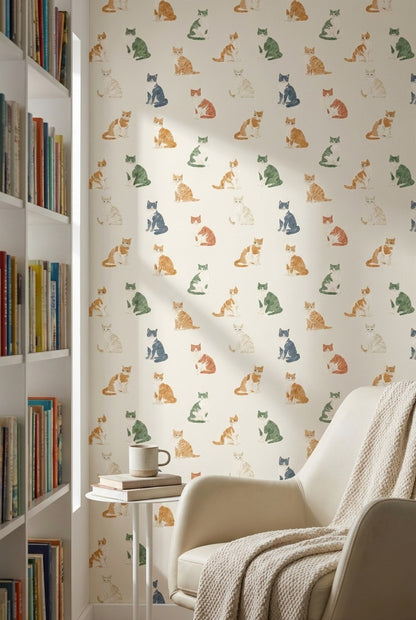 Cream Multicolor Cat Pattern Wallpaper