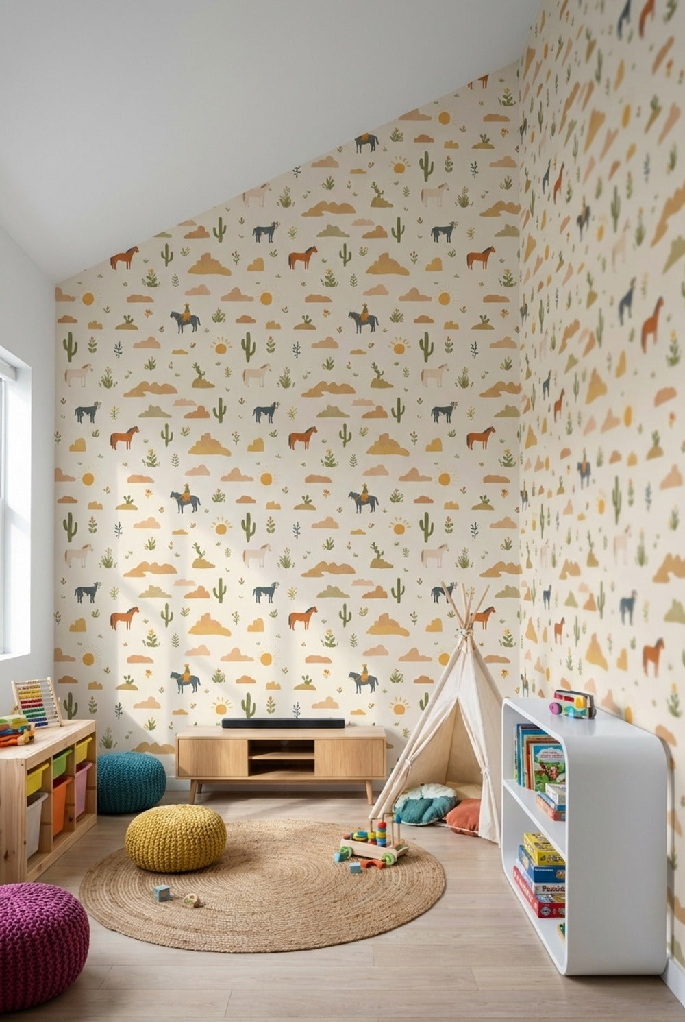 Cream Desert Cowboy Kids Pattern Wallpaper