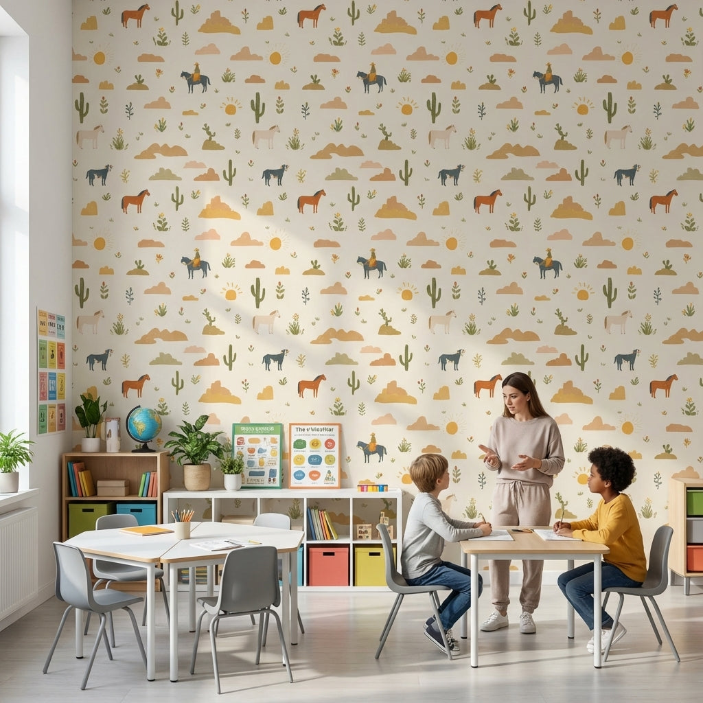 Cream Desert Cowboy Kids Pattern Wallpaper