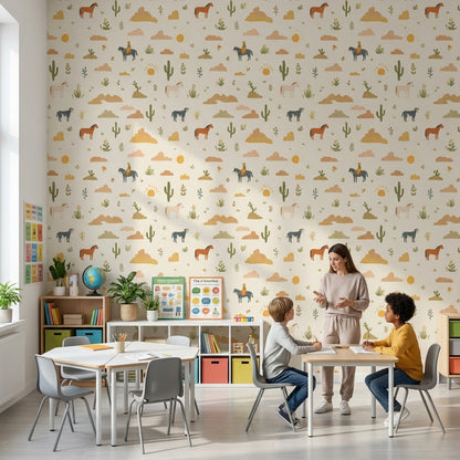 Cream Desert Cowboy Kids Pattern Wallpaper