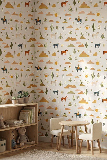 Cream Desert Cowboy Kids Pattern Wallpaper