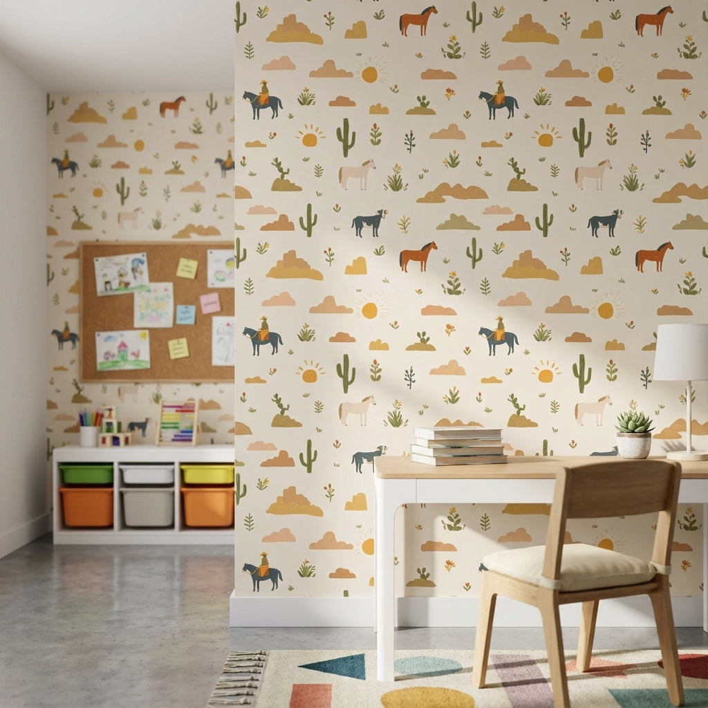 Cream Desert Cowboy Kids Pattern Wallpaper