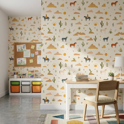 Cream Desert Cowboy Kids Pattern Wallpaper