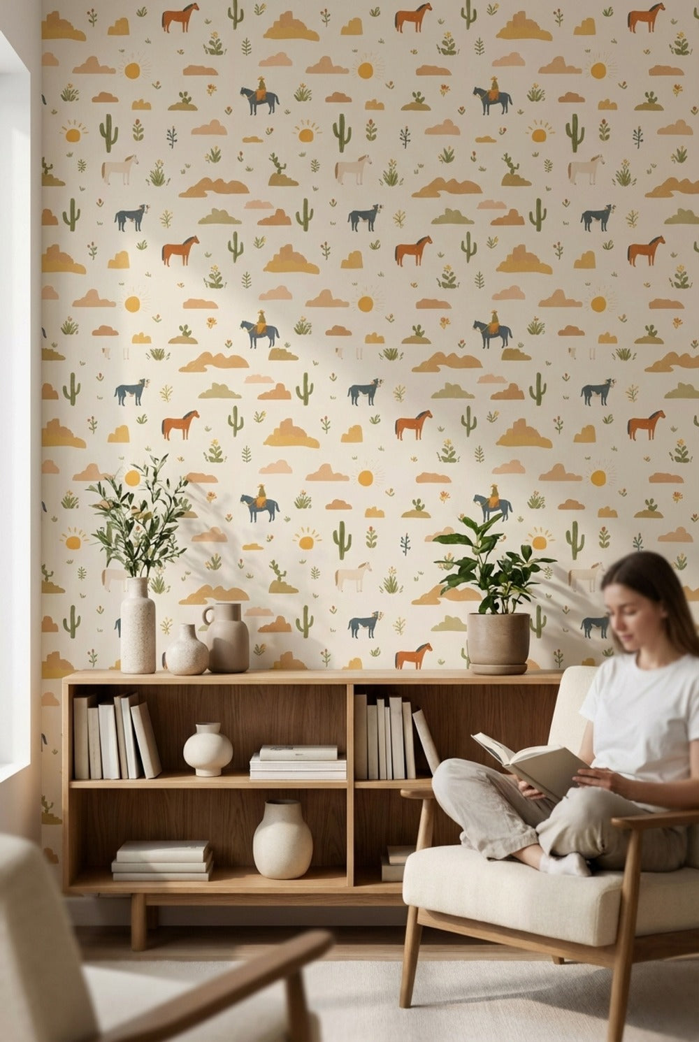 Cream Desert Cowboy Kids Pattern Wallpaper