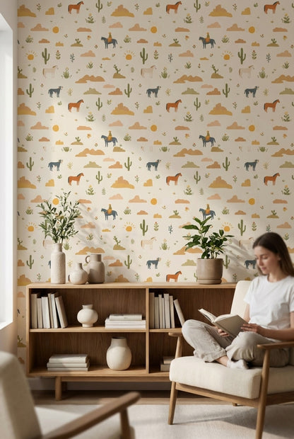 Cream Desert Cowboy Kids Pattern Wallpaper