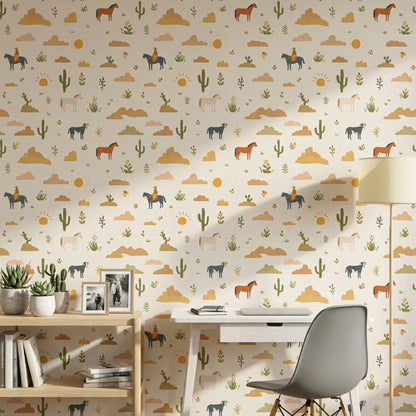 Cream Desert Cowboy Kids Pattern Wallpaper
