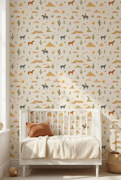 Cream Desert Cowboy Kids Pattern Wallpaper