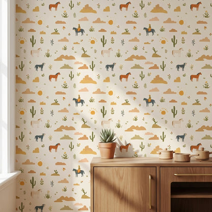 Cream Desert Cowboy Kids Pattern Wallpaper