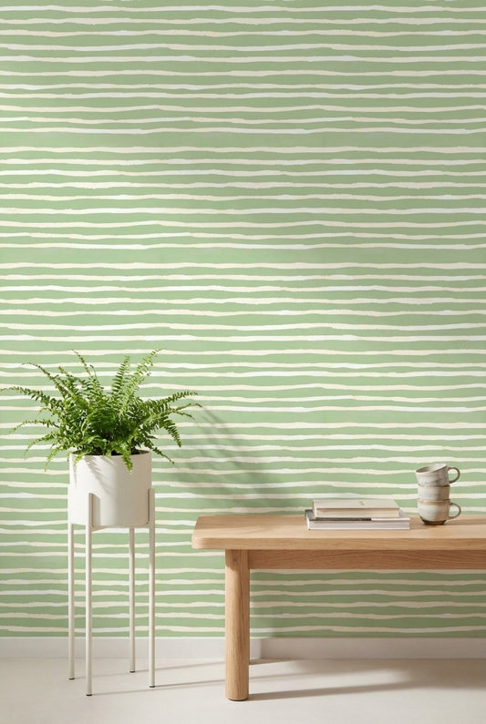Sage Green Horizontal Stripe Geometric Wallpaper