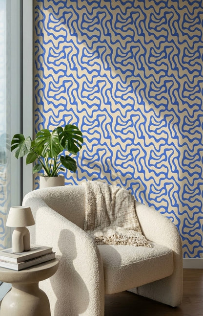 Beige and Blue Abstract Wave Pattern Wallpaper
