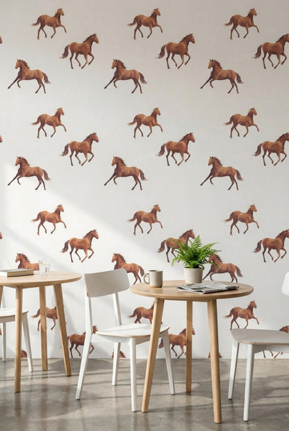 Cream Background Galloping Horse Pattern Wallpaper