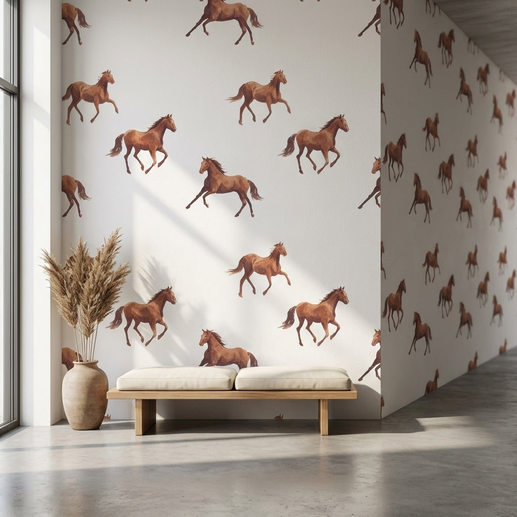 Cream Background Galloping Horse Pattern Wallpaper