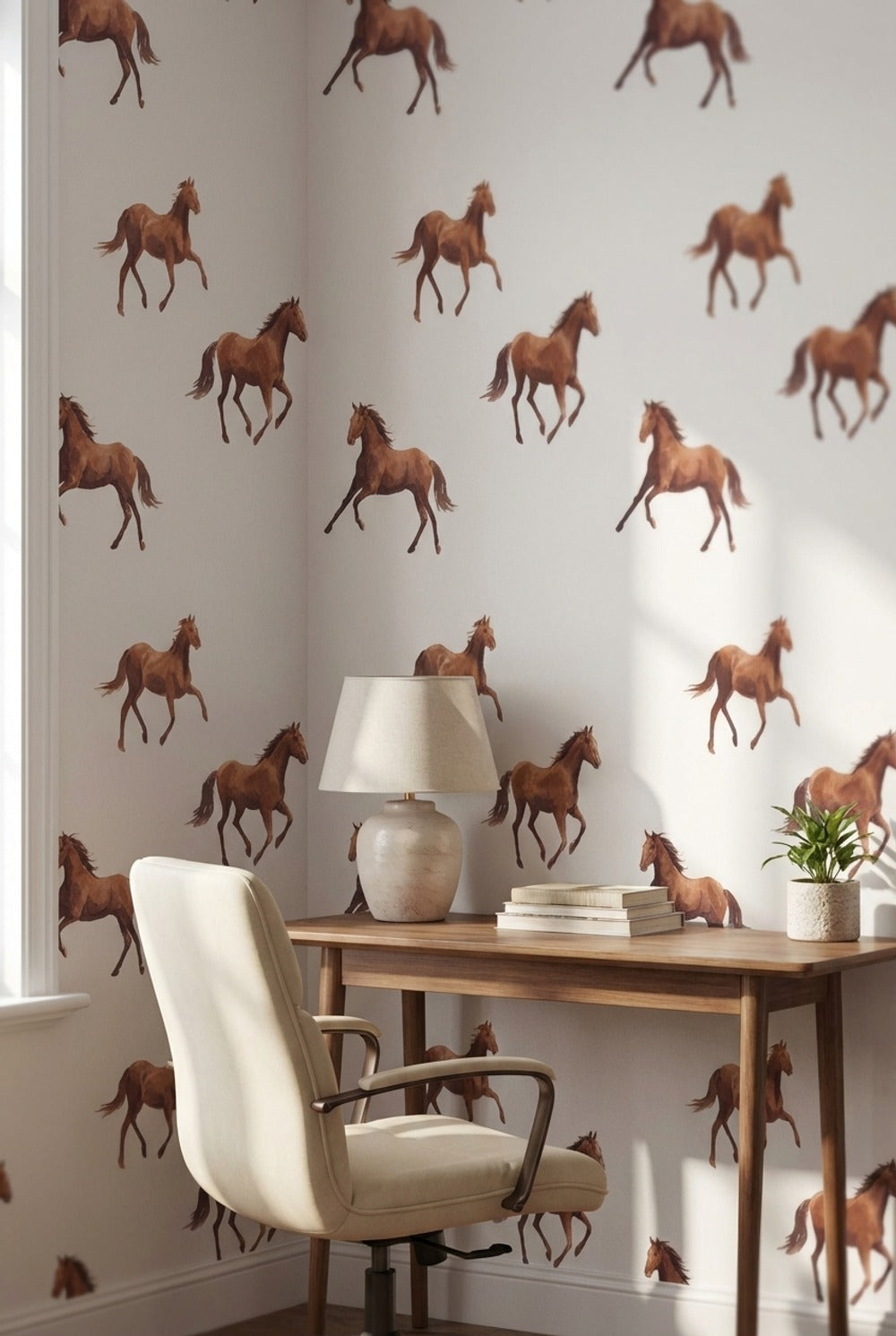 Cream Background Galloping Horse Pattern Wallpaper
