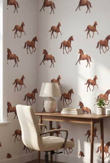 Cream Background Galloping Horse Pattern Wallpaper