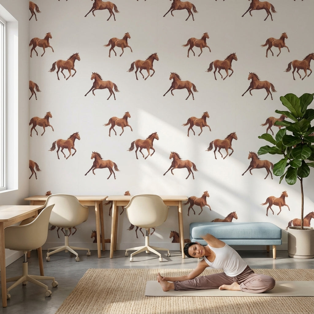Cream Background Galloping Horse Pattern Wallpaper