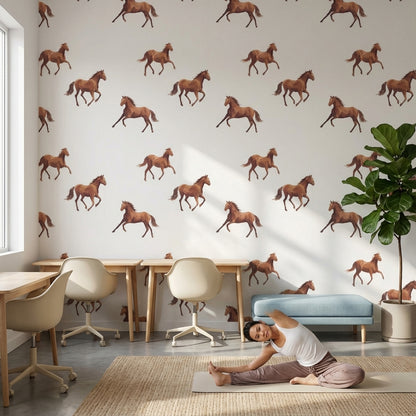 Cream Background Galloping Horse Pattern Wallpaper