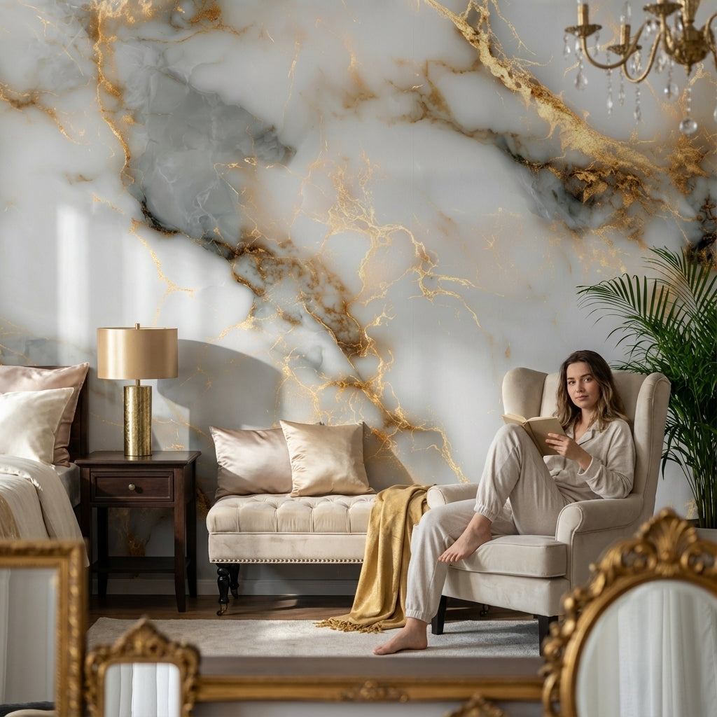 Marble Wallpaper Golden Look  Veining Elegant Wall Mural
