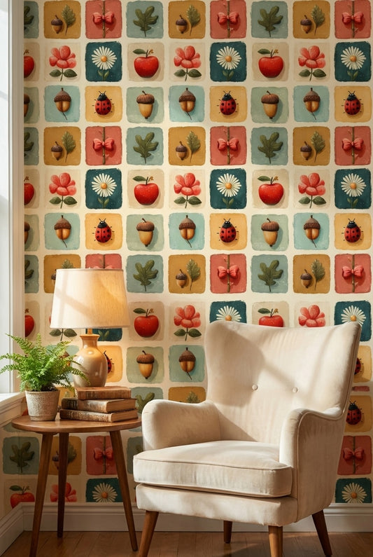 Cream Multicolor Vintage Nature Motif Wallpaper