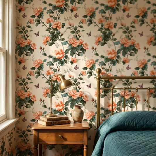 Cream and Soft Orange Rose Floral Wallpaper