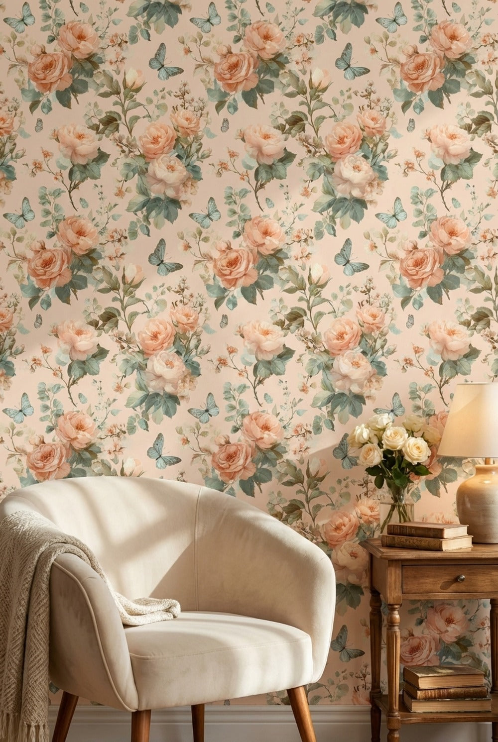 Cream and Peach Rose Blossom Wallpaper