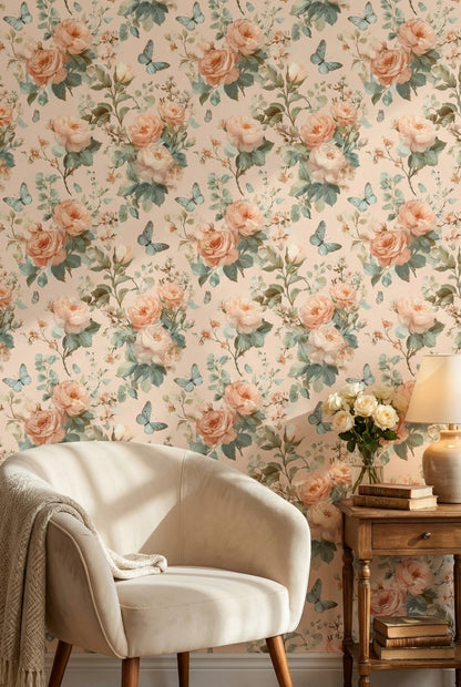 Cream and Peach Rose Blossom Wallpaper