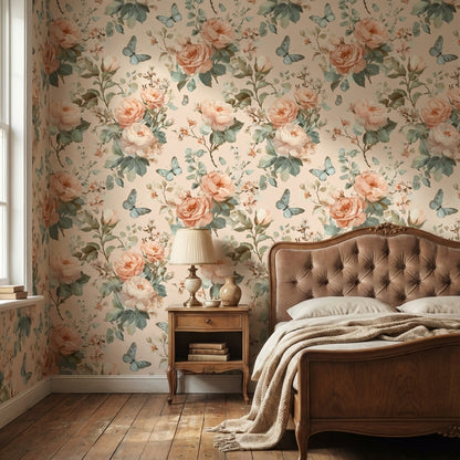 Cream and Peach Rose Blossom Wallpaper