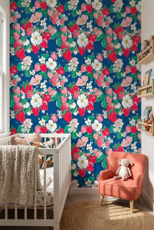 Vibrant Blue Strawberry and Floral Wallpaper