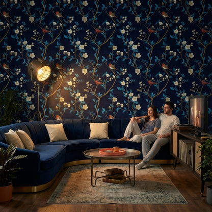 Navy Blue Cherry Blossom and Bird Pattern Wallpaper