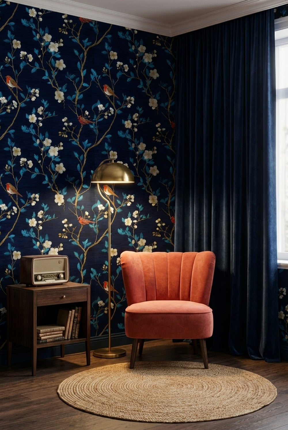 Navy Blue Cherry Blossom and Bird Pattern Wallpaper