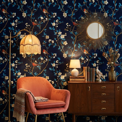 Navy Blue Cherry Blossom and Bird Pattern Wallpaper