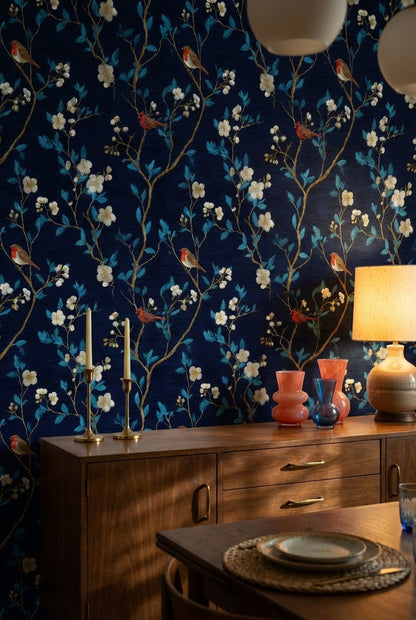 Navy Blue Cherry Blossom and Bird Pattern Wallpaper