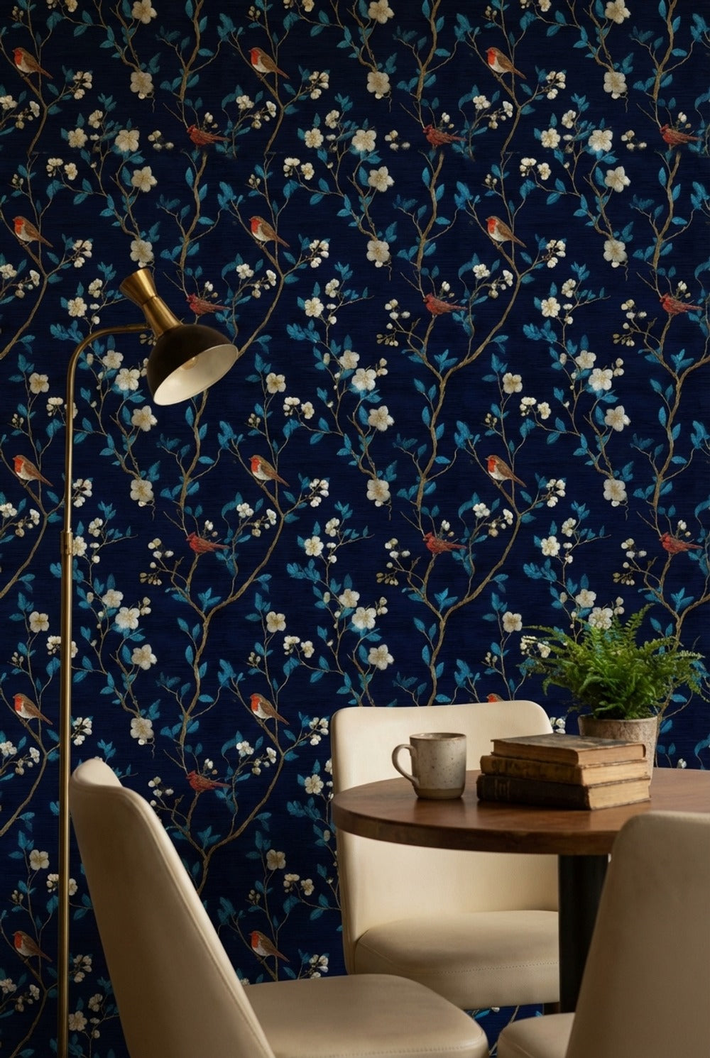 Navy Blue Cherry Blossom and Bird Pattern Wallpaper