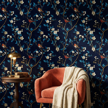 Navy Blue Cherry Blossom and Bird Pattern Wallpaper
