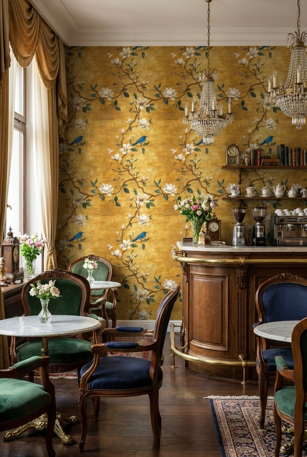 Golden Look Magnolia Blue Bird Chinoiserie Wallpaper