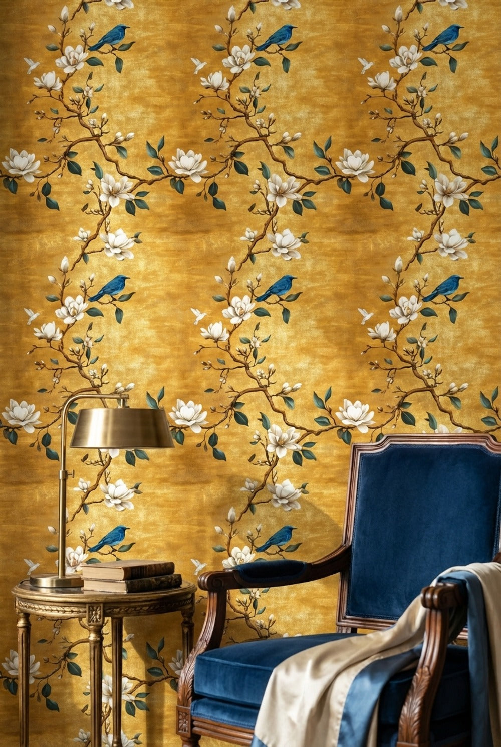 Golden Look Magnolia Blue Bird Chinoiserie Wallpaper