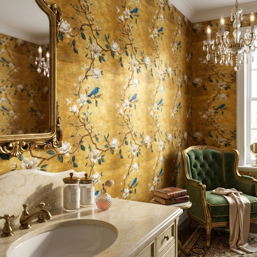 Golden Look Magnolia Blue Bird Chinoiserie Wallpaper