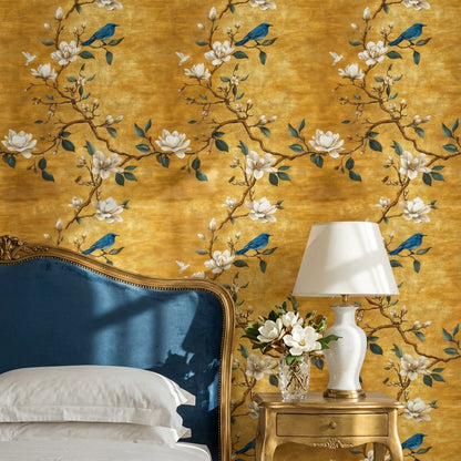 Golden Look Magnolia Blue Bird Chinoiserie Wallpaper