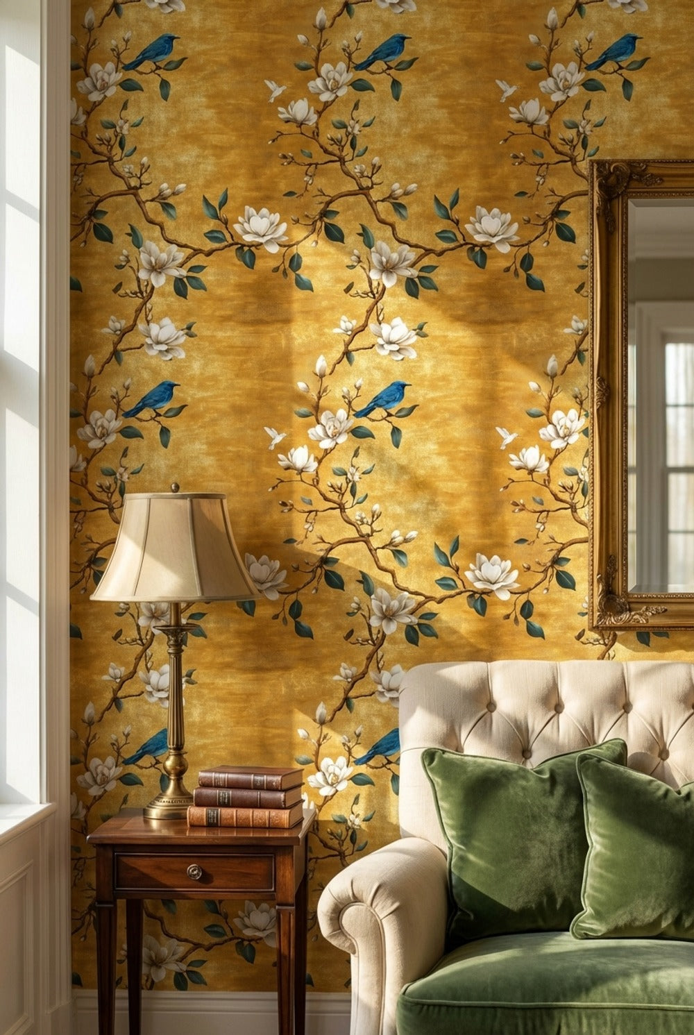 Golden Look Magnolia Blue Bird Chinoiserie Wallpaper