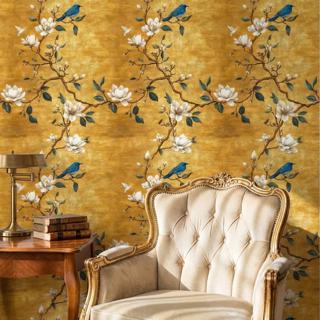 Golden Look Magnolia Blue Bird Chinoiserie Wallpaper