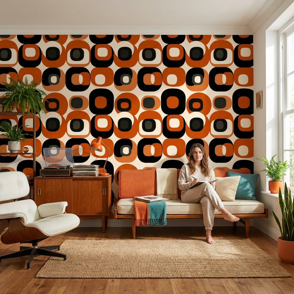 Retro Orange and Black Geometric Pattern Wallpaper