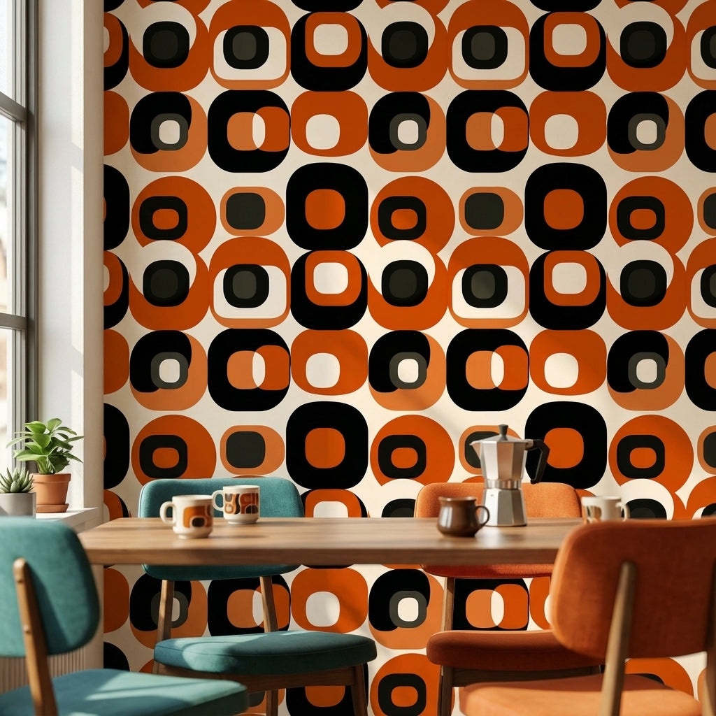 Retro Orange and Black Geometric Pattern Wallpaper
