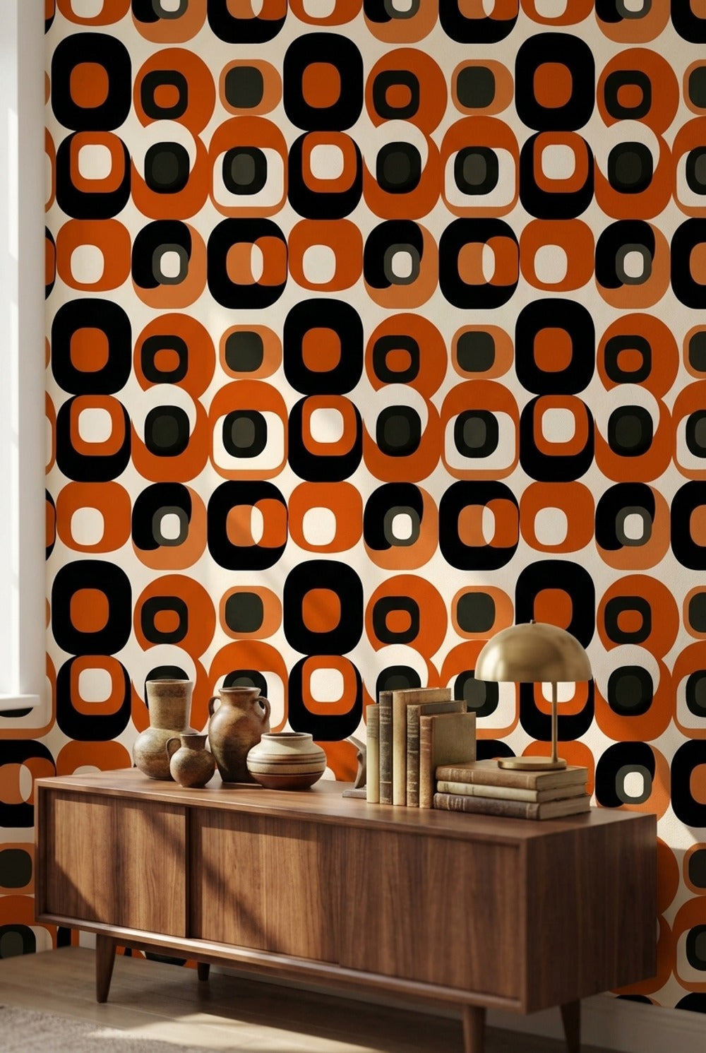 Retro Orange and Black Geometric Pattern Wallpaper