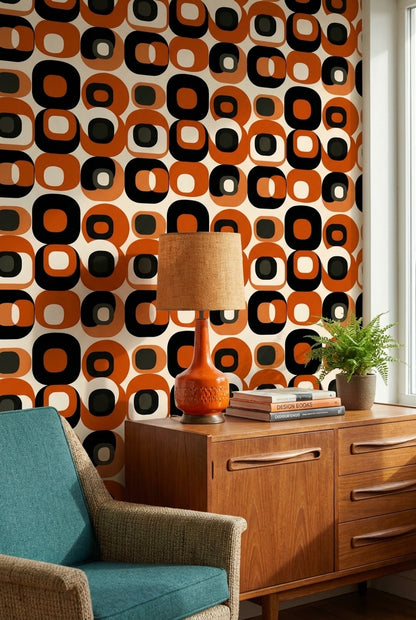 Retro Orange and Black Geometric Pattern Wallpaper