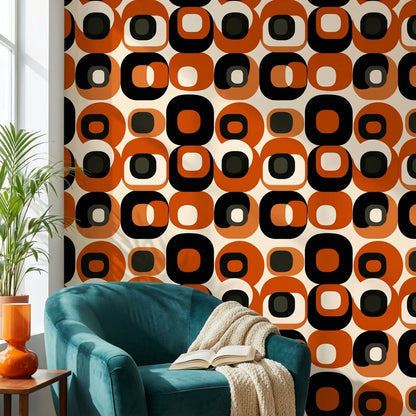 Retro Orange and Black Geometric Pattern Wallpaper