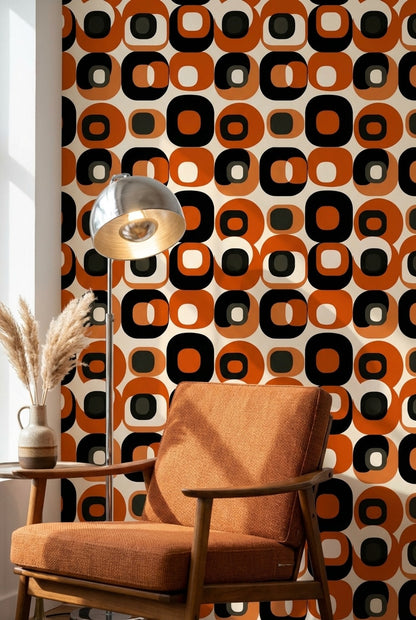 Retro Orange and Black Geometric Pattern Wallpaper